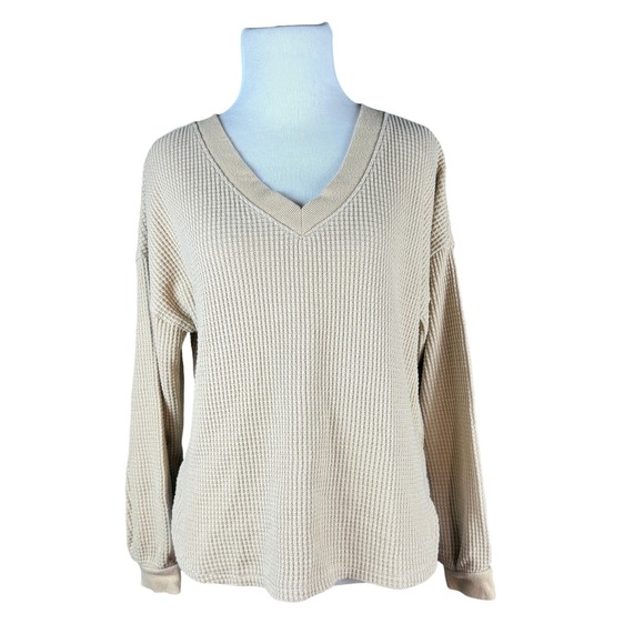 Madewell Waffle Knit VNeck Long Sleeve Sweater Cream Small Old Money Cottage - Picture 2 of 6